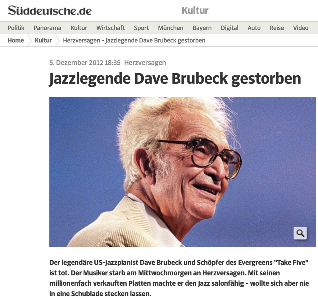 Die SZ schrieb 2012 „Take Five“ irrtümlich Dave Brubeck zu