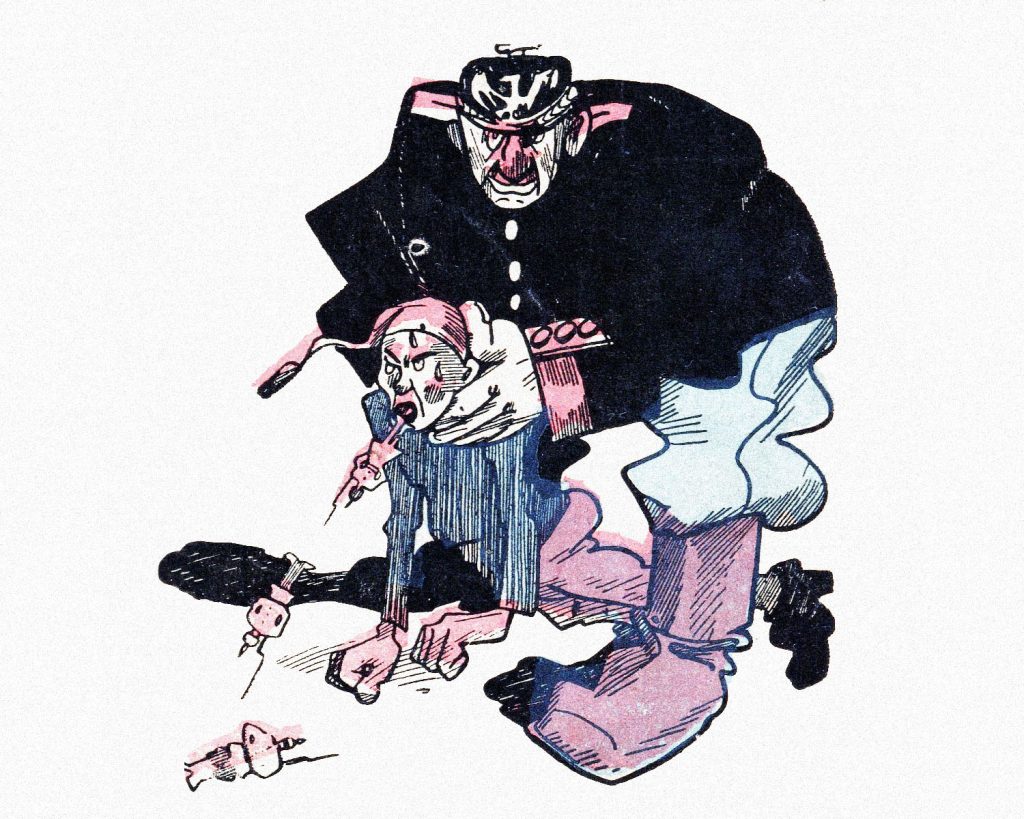 Der Preuße sagt: „Und du, Michel, schrei nicht so! Der Kaiser wünscht sich, dass auch wir Freiwillige haben, also lass sie aus freiem Willen kommen!“ (sowjetische Propaganda)