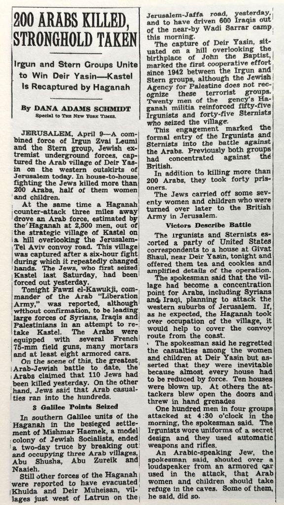 Vom Terrorismus zur Staatsräson: zu sehen ist ein Artikel der New York Times vom 10. April 1948, der das Massaker jüdischer Terroristen in Deir Yassin beschreibt