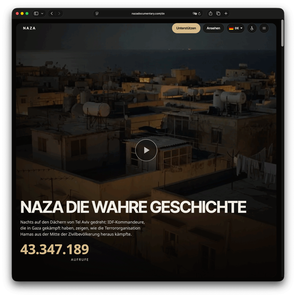 Hasbara-Propaganda (deutsch): zu sehen ist ein Screenshot mit der Option, sich den falschen Dokumentarfilm anzuschauen