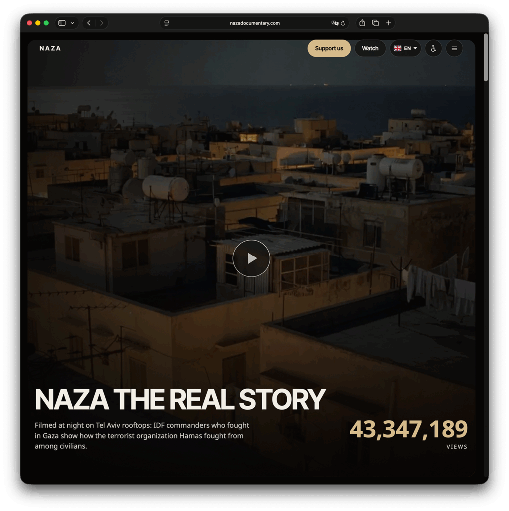 Hasbara-Propaganda (englisch): zu sehen ist ein Screenshot mit der Option, sich den falschen Dokumentarfilm anzuschauen