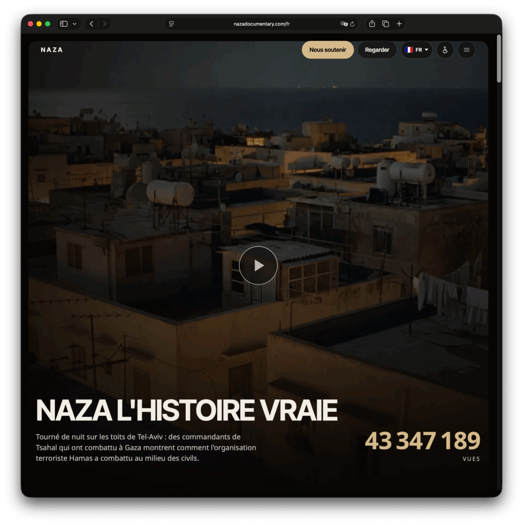 Hasbara-Propaganda (französisch): zu sehen ist ein Screenshot mit der Option, sich den falschen Dokumentarfilm anzuschauen
